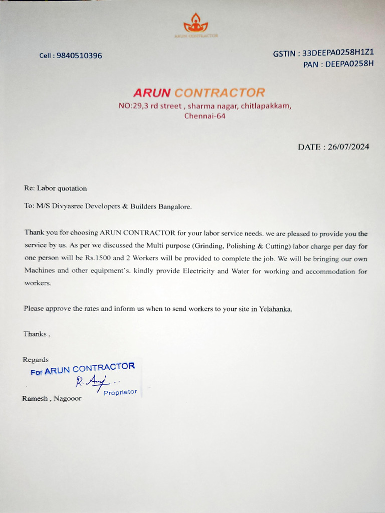 Labor Quotation for Construction Services | PDF