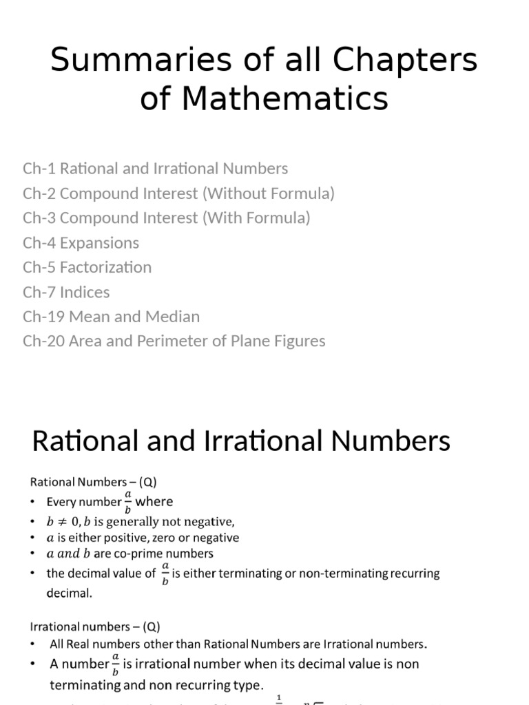 Summaries of All Chapters of Mathematics | PDF
