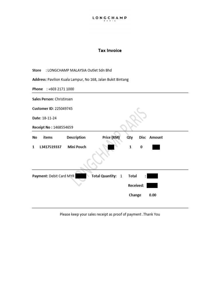 Longchamp Malaysia Tax Invoice | PDF