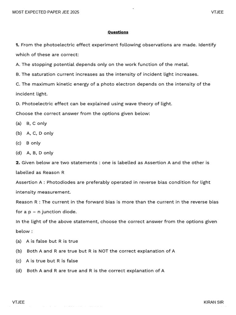 JEE 2025 Physics Test Questions | PDF | Physical Quantities | Physical ...