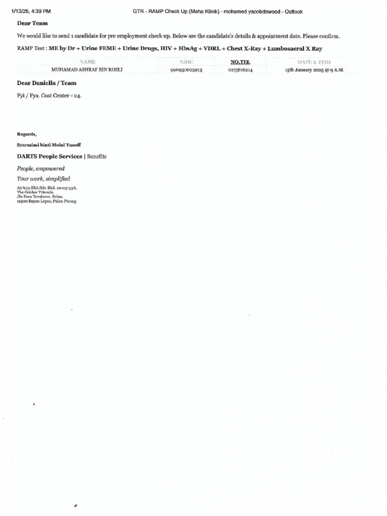 Medical Check Up Muhamad Ashraf Bin Rosli | PDF