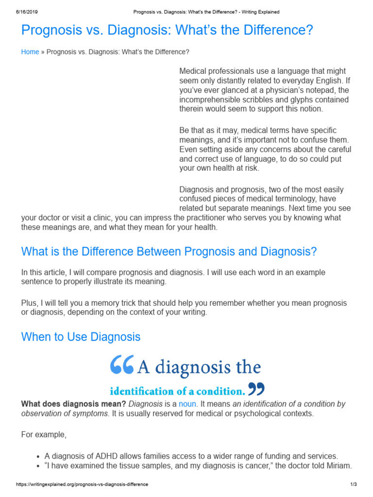 Prognosis vs. Diagnosis Explained | PDF | Medical Diagnosis | Prognosis