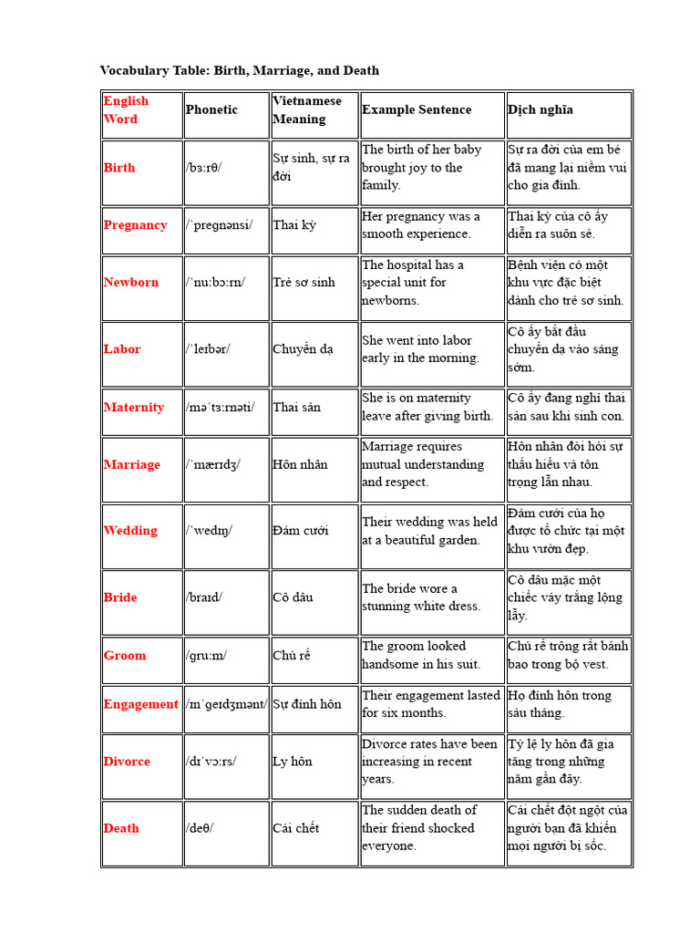 Vocabulary Birth Body | PDF