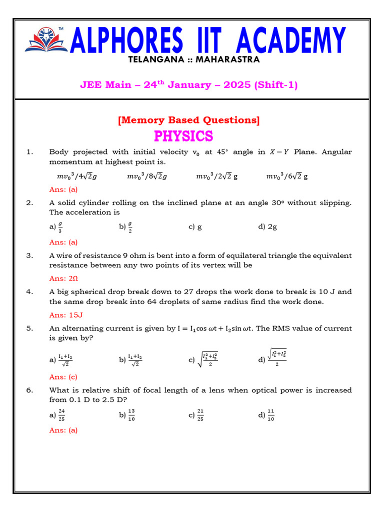 JEE Main 2025 Physics Chemistry Math Questions | PDF | Scientific ...