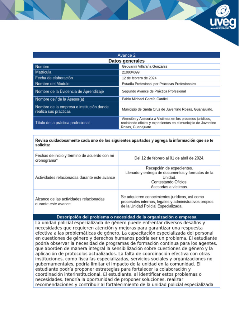 Copia de Formato Avance 2 de La Practica Profesional | PDF | Valores ...
