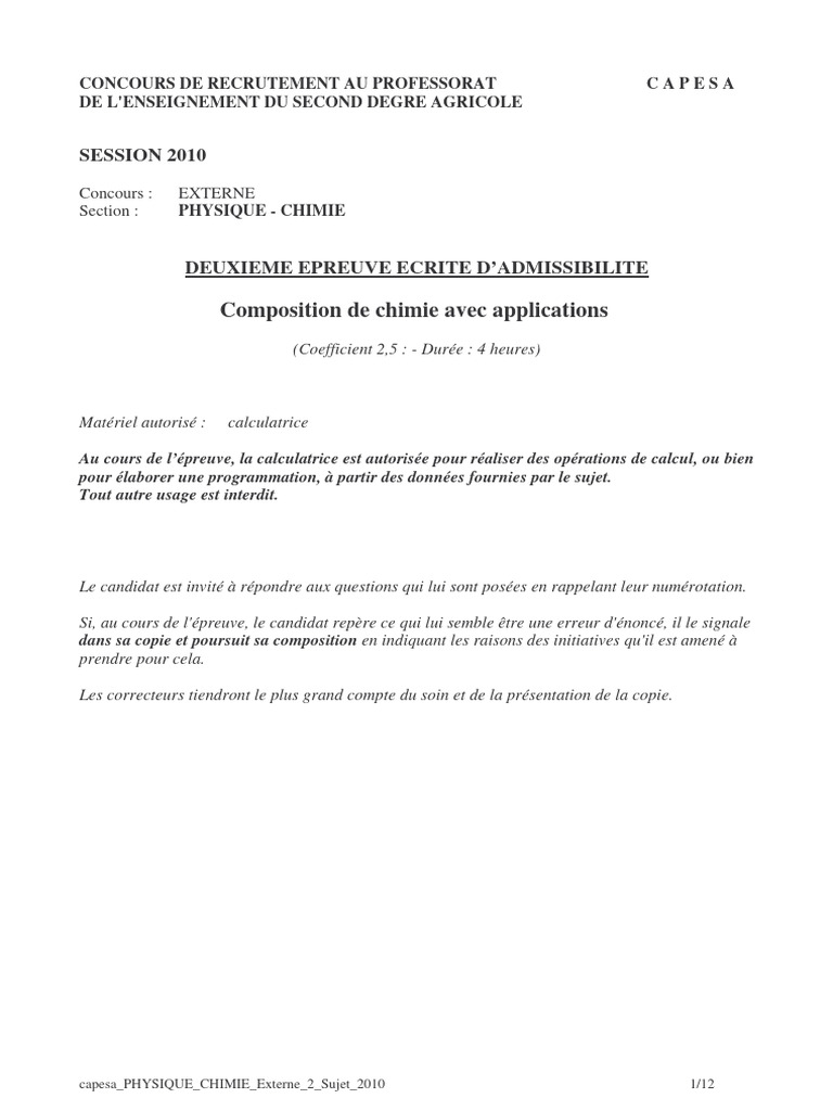 Concours CAPESA 2010 : Physique-Chimie | PDF | Acide gras | Lipide