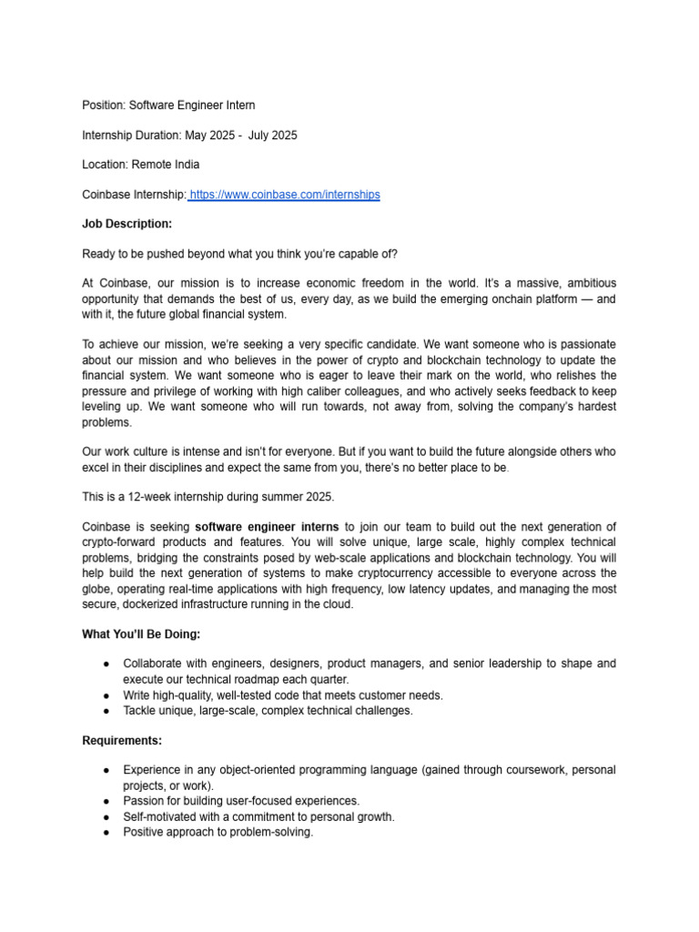Coinbase Software Engineer Internship 2025 | PDF | Software Engineering ...