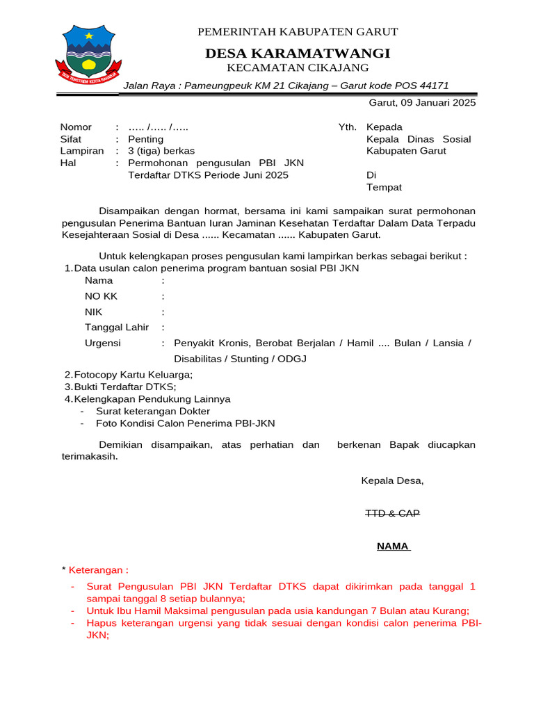 Permohonan PBI JKN DTKS Garut 2025 | PDF