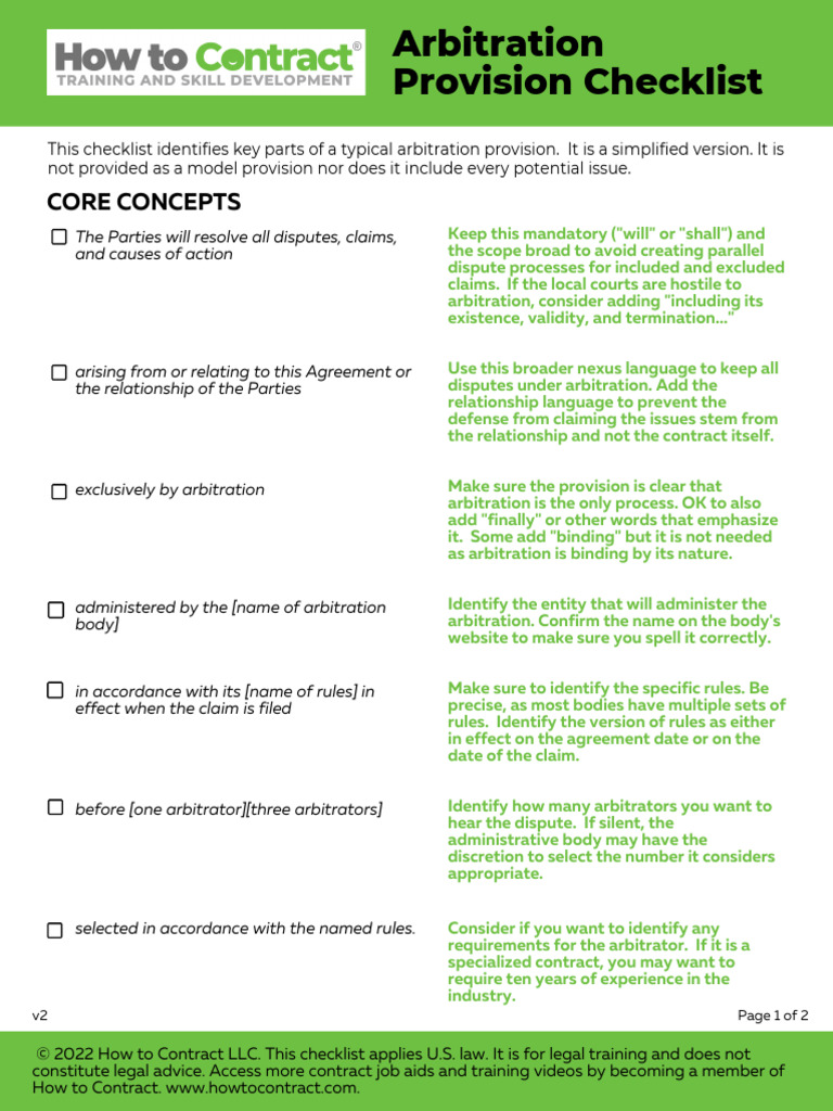 Arbitration Provision Checklist Guide | PDF | Arbitration | Government
