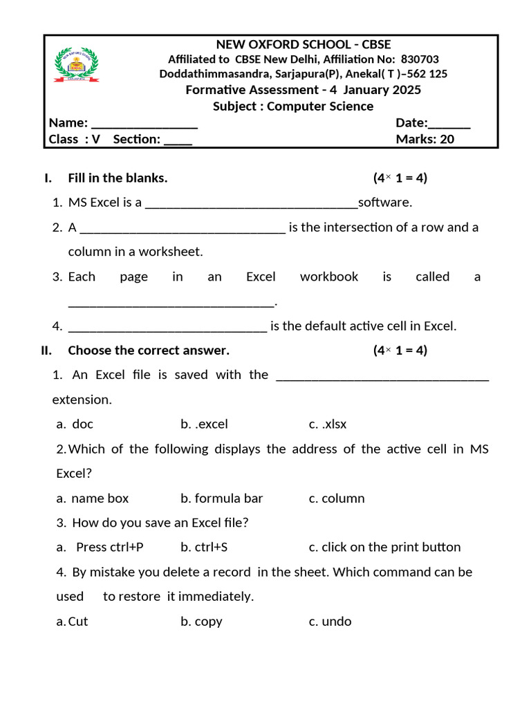 Grade5 Computer Pdf Microsoft Excel Worksheet