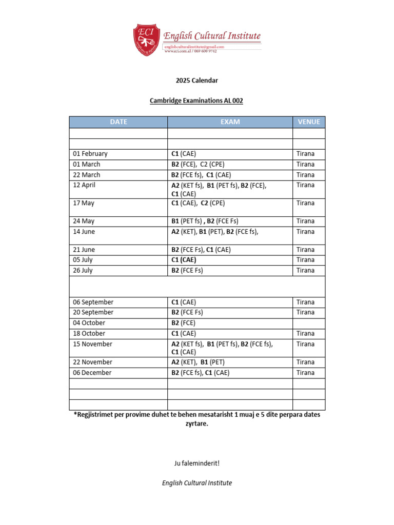 Cambridge Exam Dates 2025 Romania | PDF
