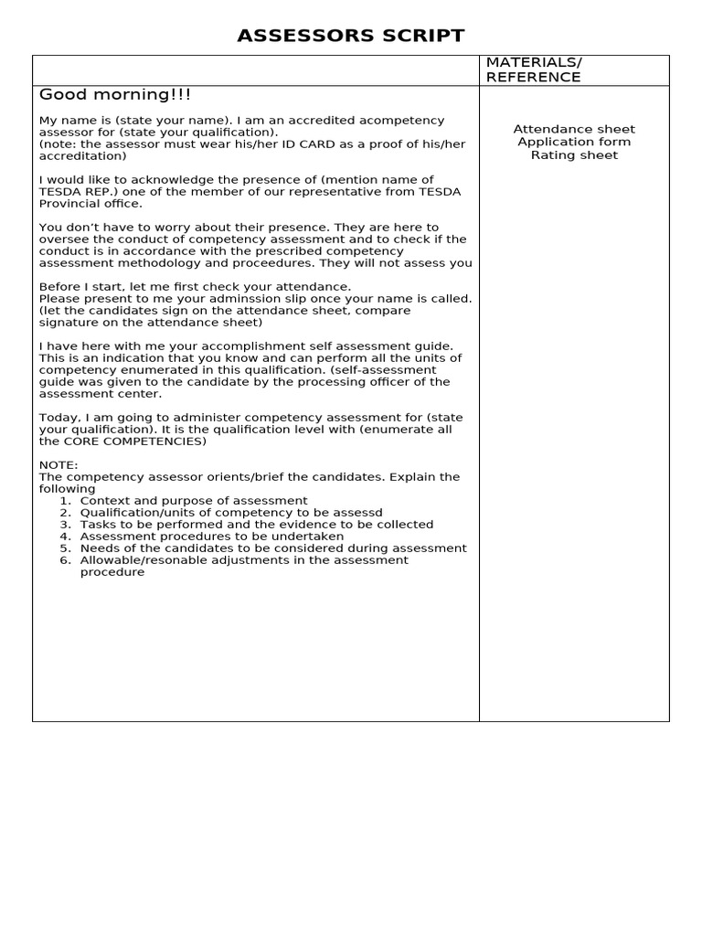 Competency Assessment Script Guide | PDF