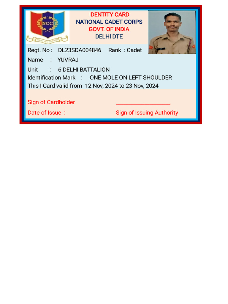 NCC Cadet Identity Card Details | PDF