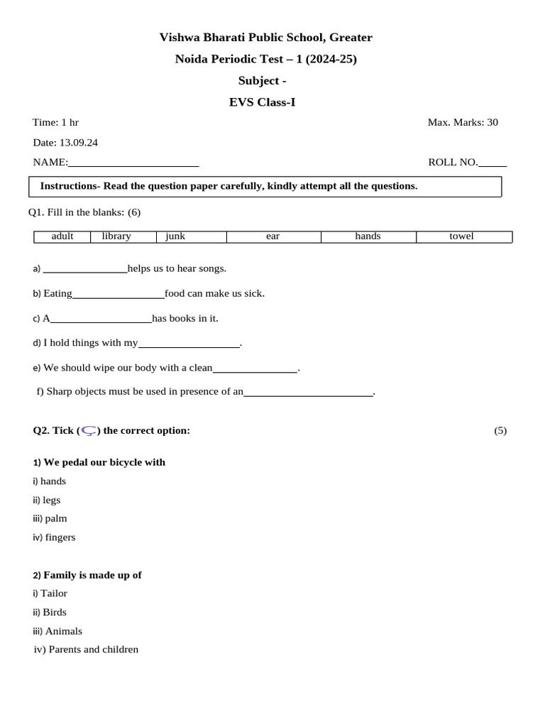 Class 1 EVS Periodic Test Paper 2024 | PDF