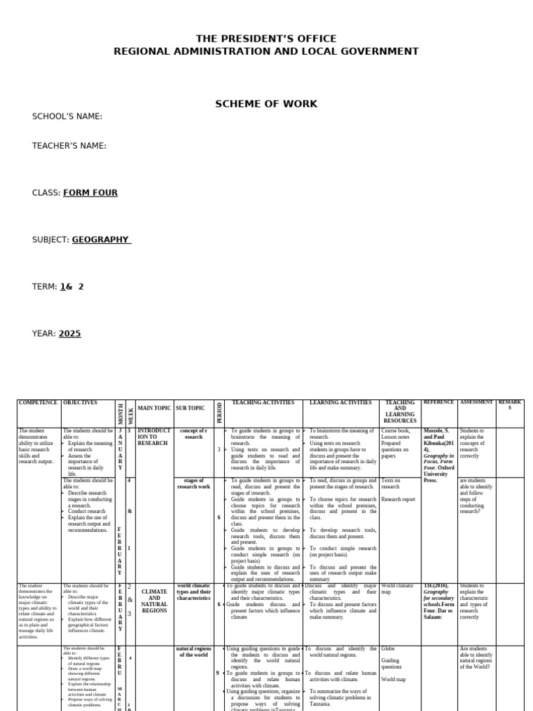 Geography Scheme of Work for Form Four | PDF | Natural Environment ...