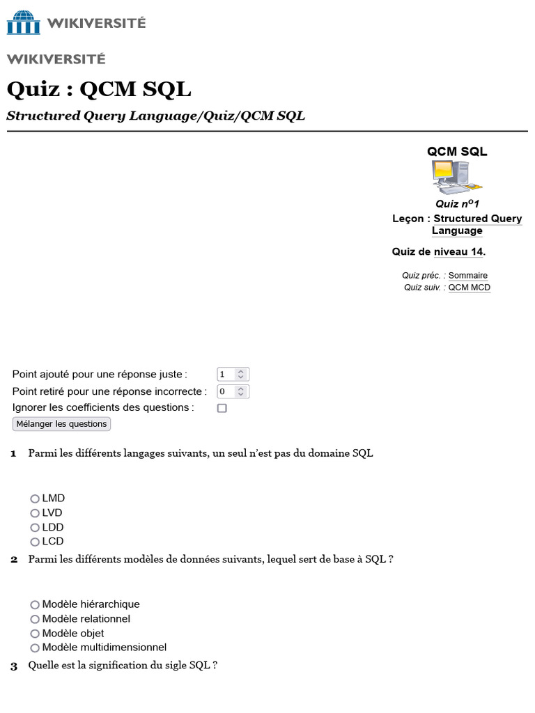 Structured Query Language - Quiz - QCM SQL - Wikiversité | PDF | SQL ...