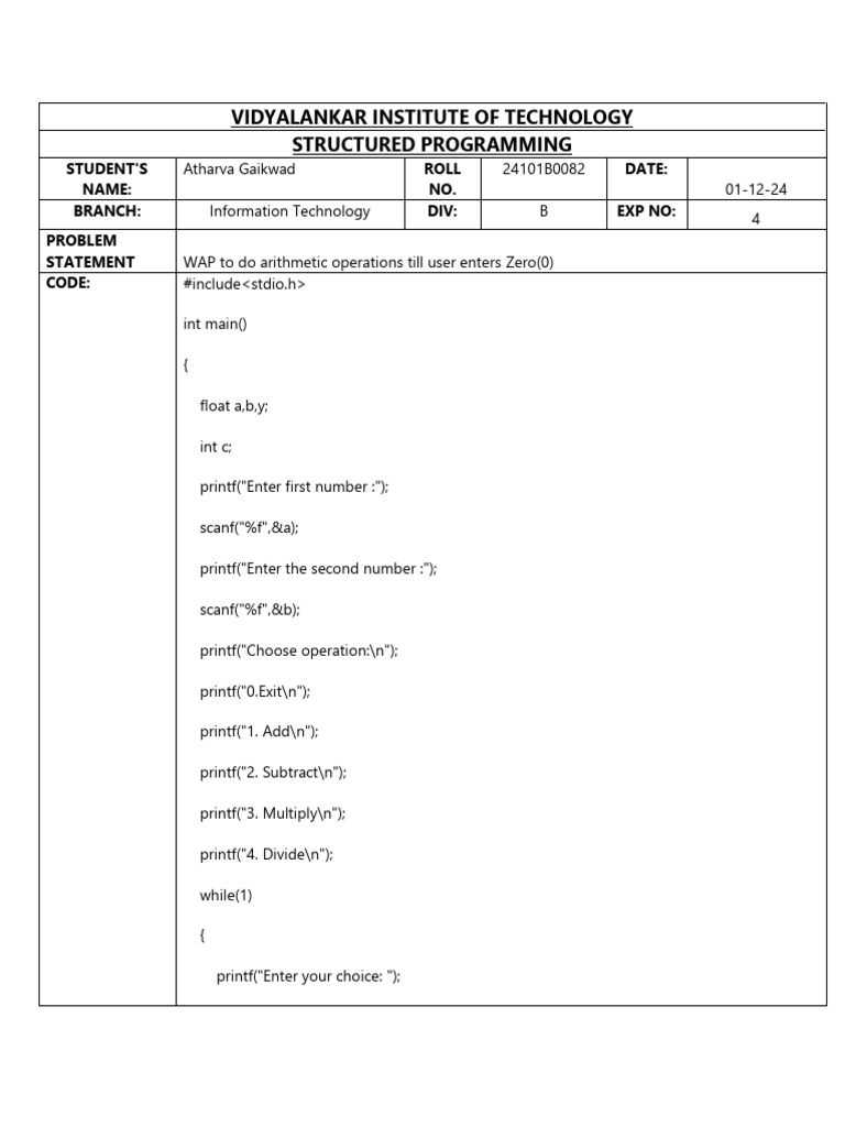 Arithmetic Operations Program in C | PDF