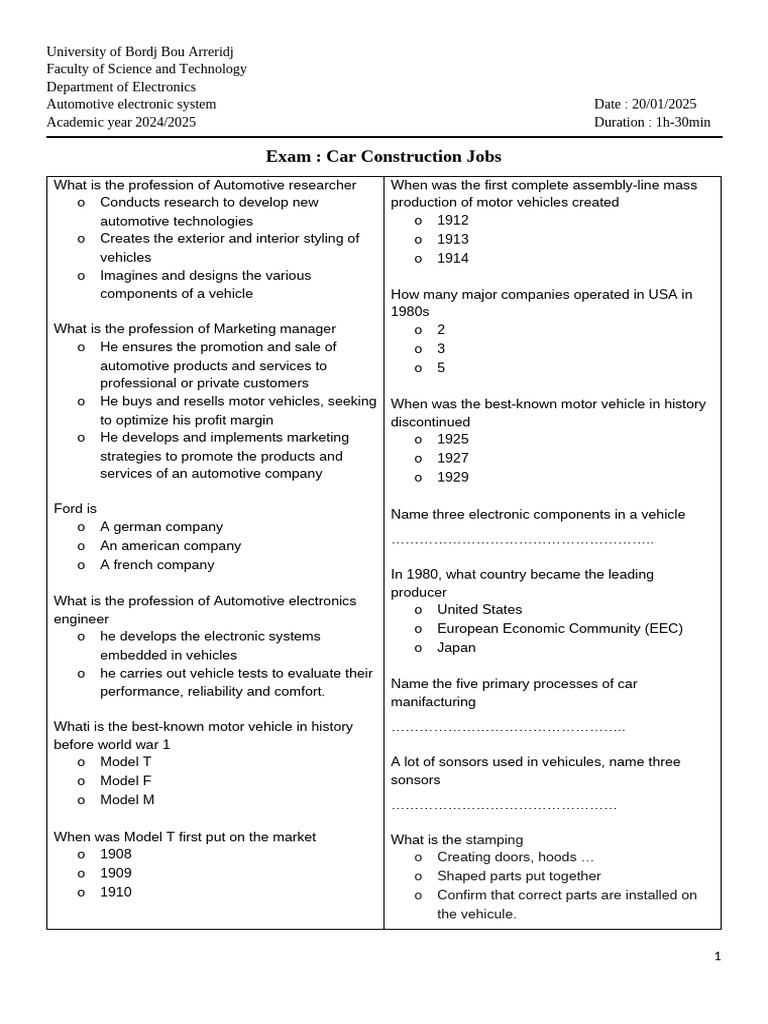 Automotive Careers and Technologies Exam Guide | PDF | Automotive ...
