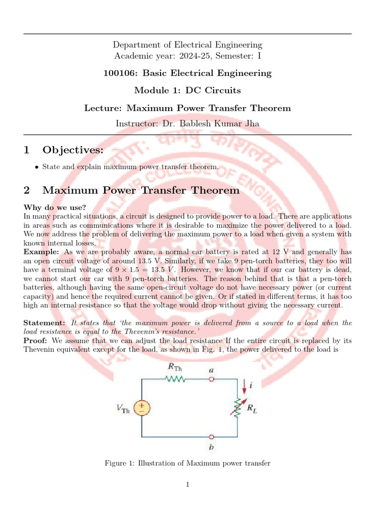 Maximum Power Transfer Theorem Explained Pdf Electricity