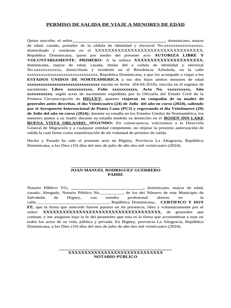 Permiso De Salida De Viaje A Menores De Edad Pdf República Dominicana