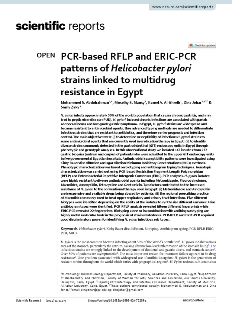 PCR Based RFLP and ERIC PCR Patterns of Strains Linked To Multidrug ...