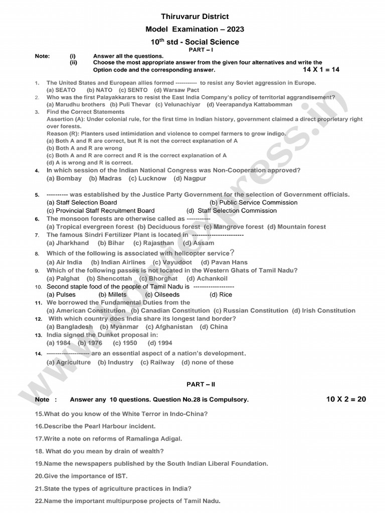 10 TH Model Test-Social Science English Medium TVR | PDF
