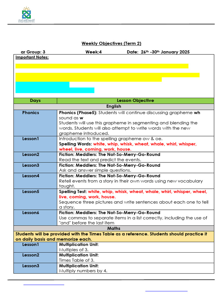 Weekly Objectives for Year 3 Students | PDF | Multiplication