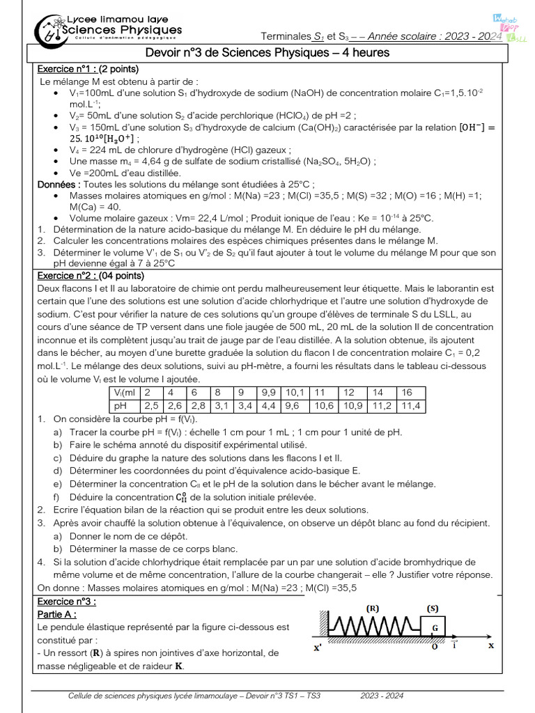 Devoir de Sciences Physiques TS1/TS3 2023-2024 | PDF | Ph ...