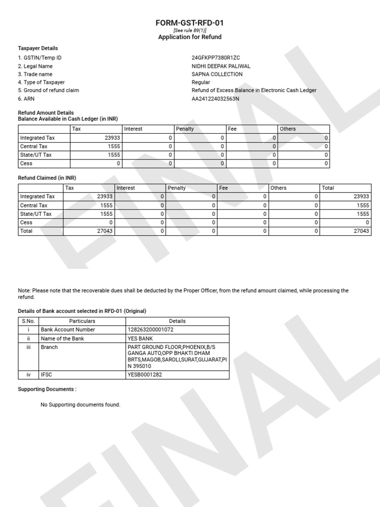 GST RFD-01 - 24GFKPP7380R1ZC - EXBCL - Form | PDF | Personal Finance ...