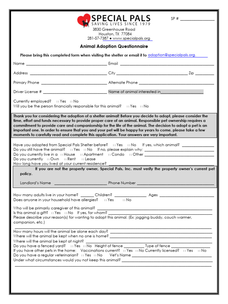 Animal Adoption Questionnaire Form | PDF | Pet | Animals And Humans