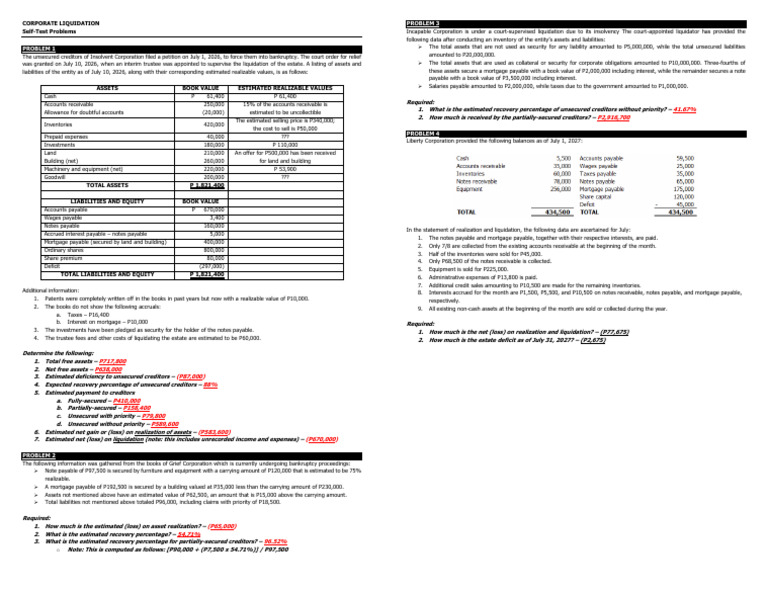 Corporate Liquidation Problems | PDF | Book Value | Unsecured Debt