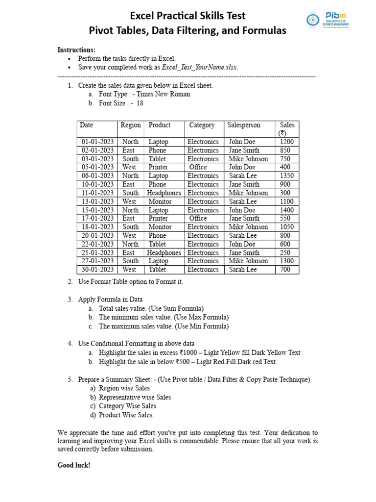 Excel Skills Test: Pivot Tables & Formulas | PDF | Computing
