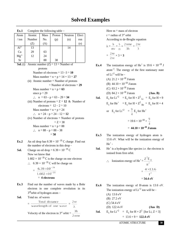Atomic Structure: Solved Examples and Calculations | PDF | Atoms ...