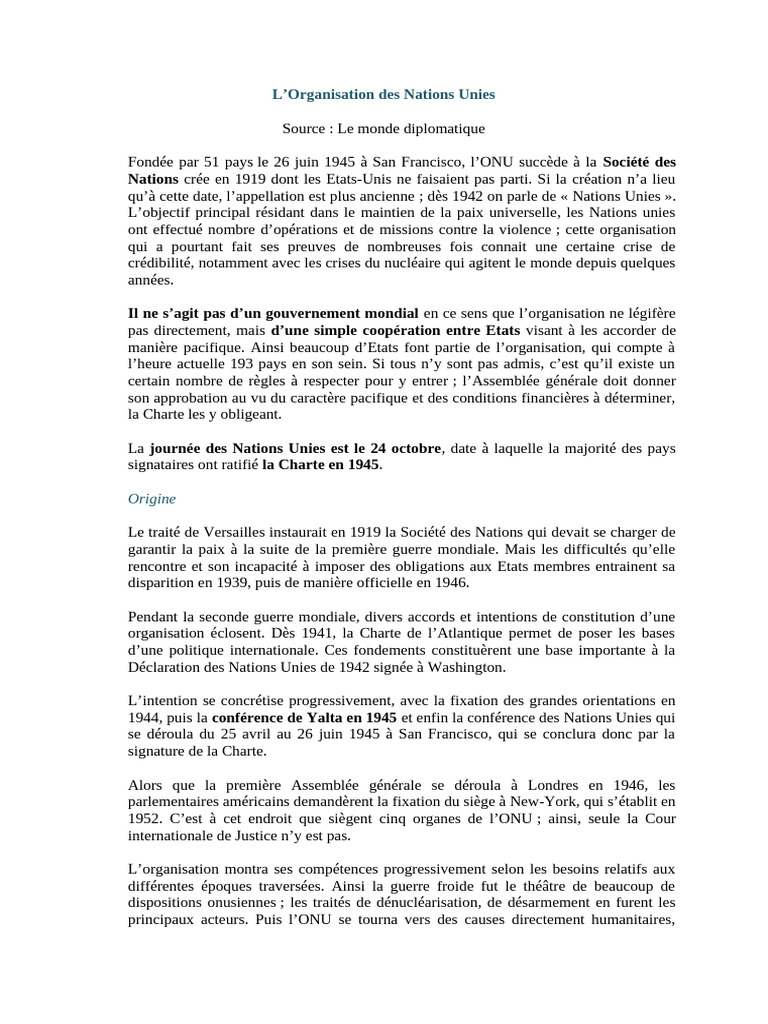 Histoire et objectifs de l'ONU | PDF | Nations unies | Relations ...