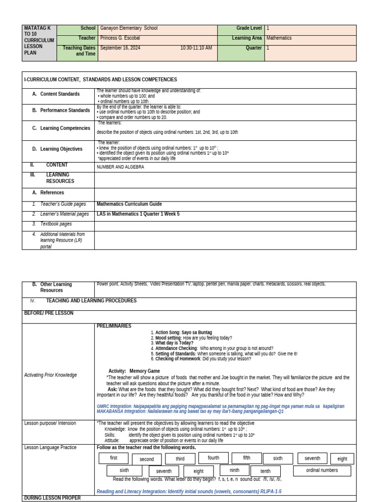 Grade 1 Math Lesson Plan: Ordinal Numbers | PDF | Learning | Curriculum
