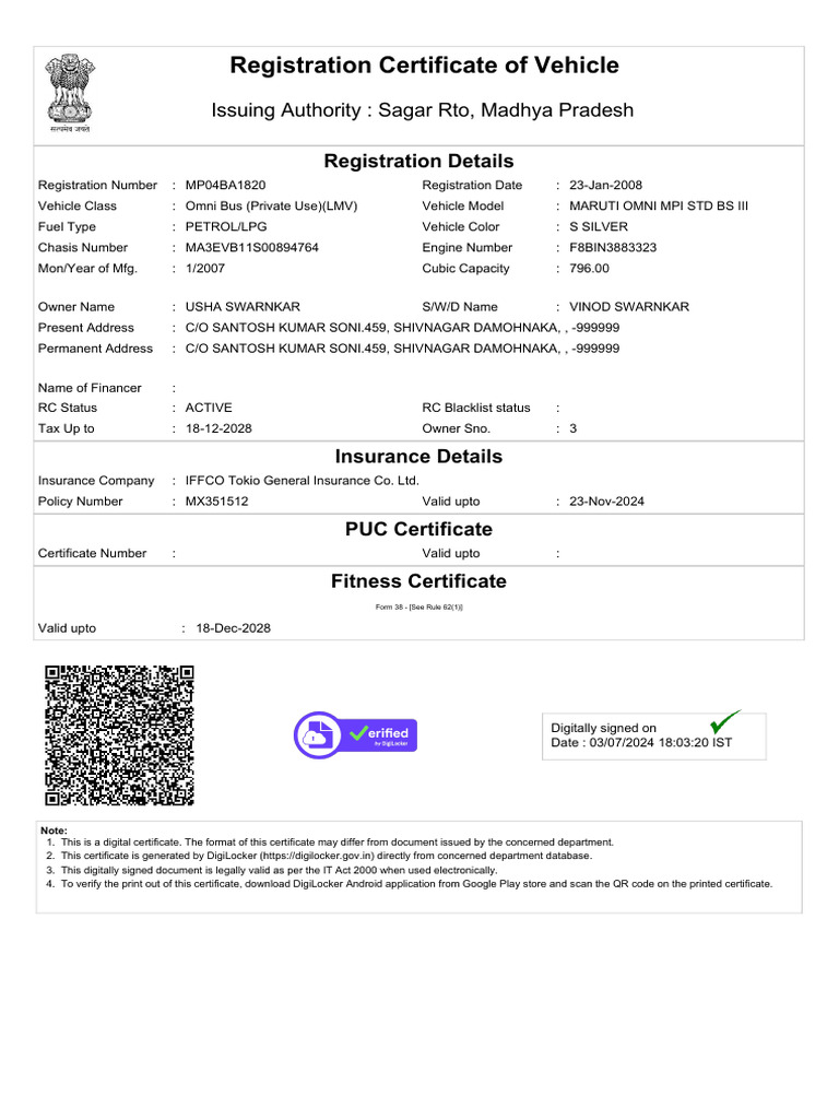 Vehicle Registration Certificate MP | PDF