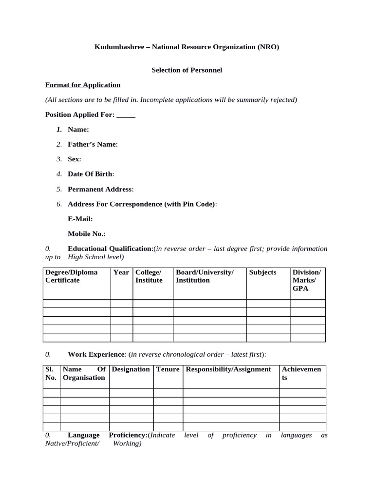 Kudumbashree Personnel Application Form | PDF
