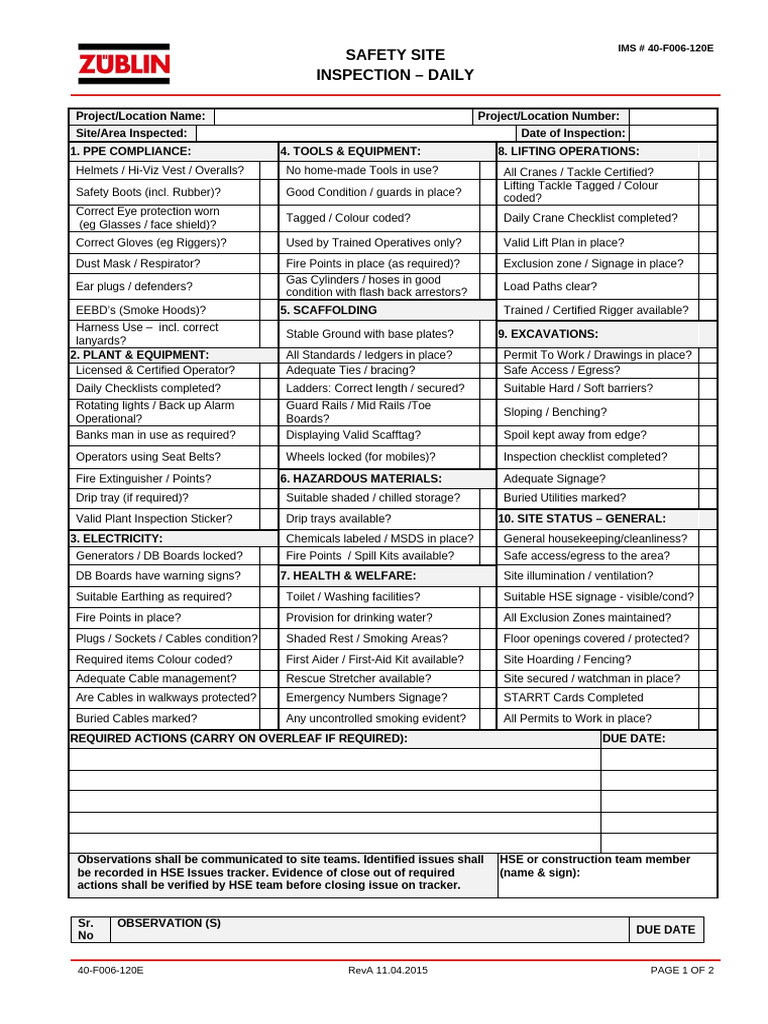 Daily Safety Site Inspection Checklist | PDF | Personal Protective ...