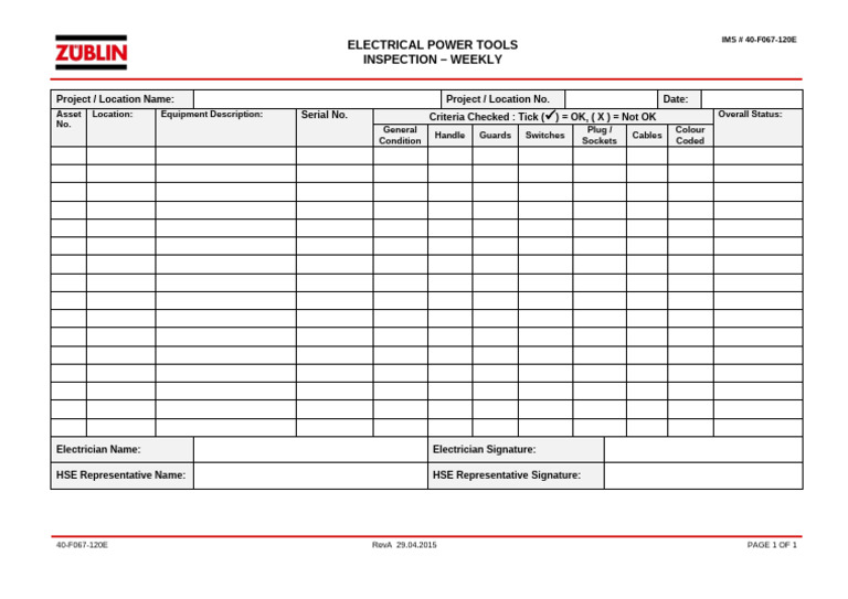Weekly Power Tools Inspection Checklist | PDF