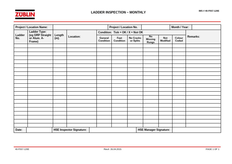 40-F057-120E Ladder Inspection-Monthly RevA | PDF
