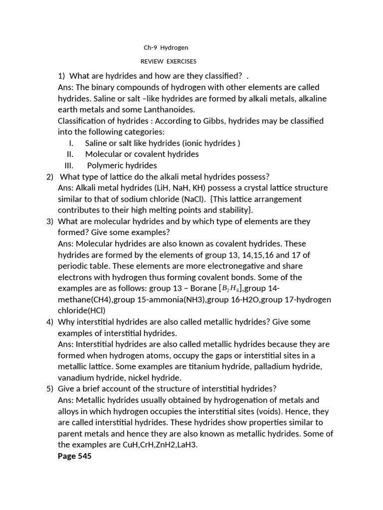 CL 11 Notes CH 9 CHM | PDF | Hydride | Hydrogen