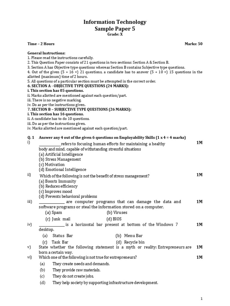 Grade X IT Sample Paper Overview | PDF | Sql | Databases