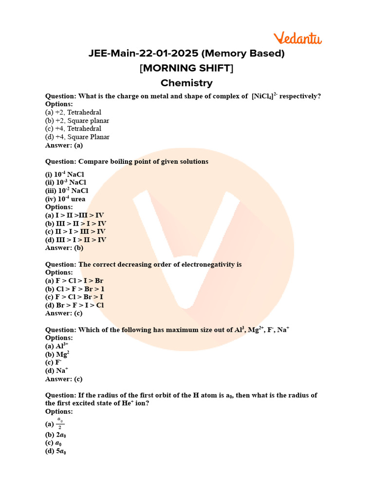 JEE Mains 2025 22 Jan Shift 1 Chemistry Paper Analysis and Solutions ...