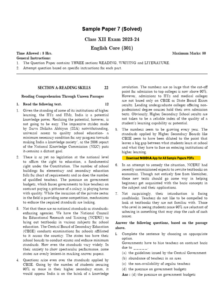 Class 12 English Sample Paper 2023 | PDF | Tourism