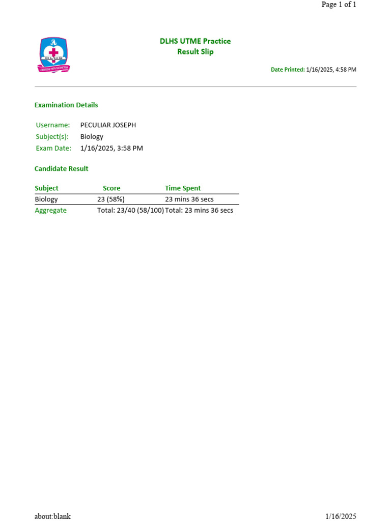 DLHS UTME Biology Result Slip | PDF