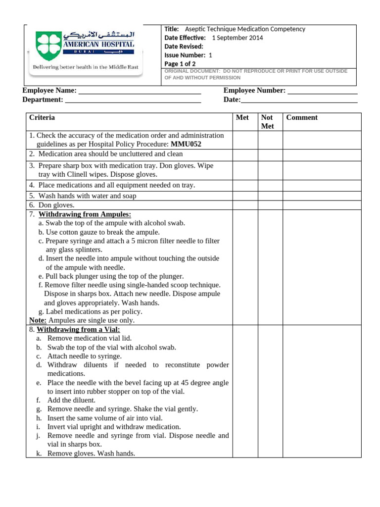 Aseptic Technique Competency Checklist | PDF | Syringe | Medicine
