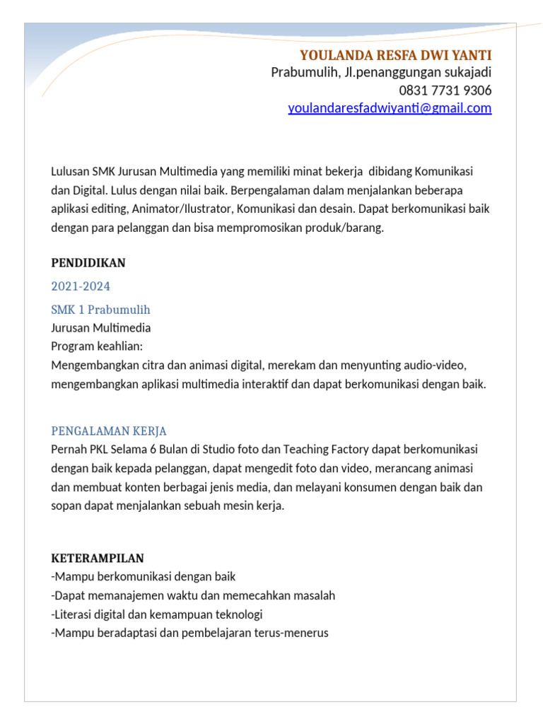 Contoh CV Lulusan SMK Multimedia | PDF