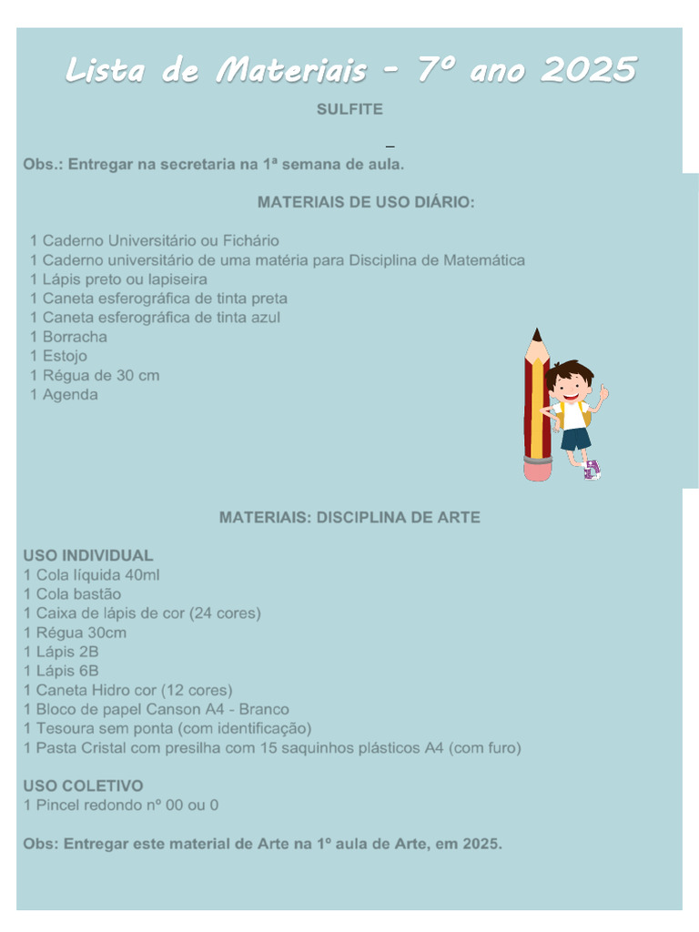 Materiais 7º Ano 2025: Lista Completa | PDF | Implementos de escrita ...