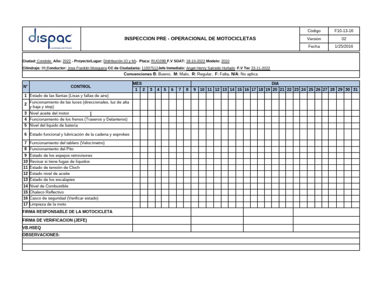 F10!13!16 Inspeccion Pre-Operacional Motocicletas Franklin V2 | PDF