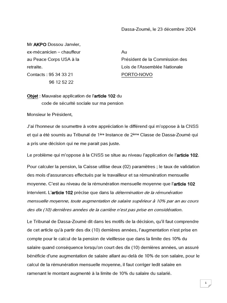 Contestation de pension CNSS Dossa-Zoumé | PDF | Salaires | Retraite